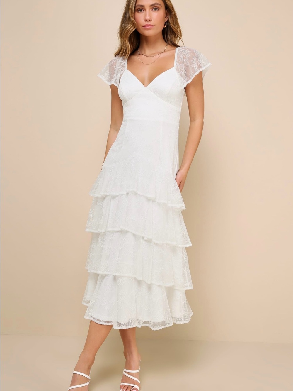 Graceful Darling White Lace Flutter Sleeve Tiered Midi Dress